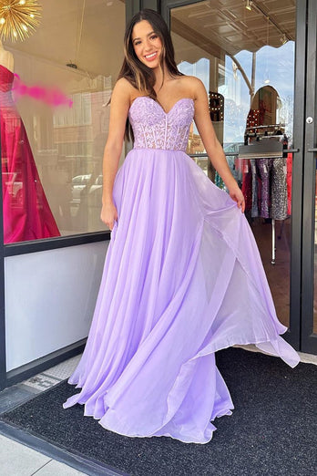 Lilac Corset A-Line Sweetheart Long Chiffon Prom Dress with Slit