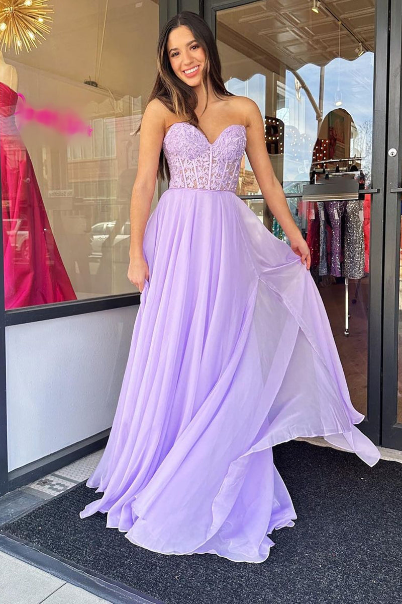 Load image into Gallery viewer, Lilac Corset A-Line Sweetheart Long Chiffon Prom Dress with Slit