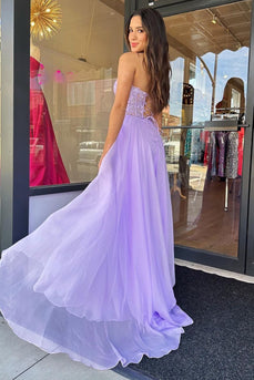 Lilac Corset A-Line Sweetheart Long Chiffon Prom Dress with Slit