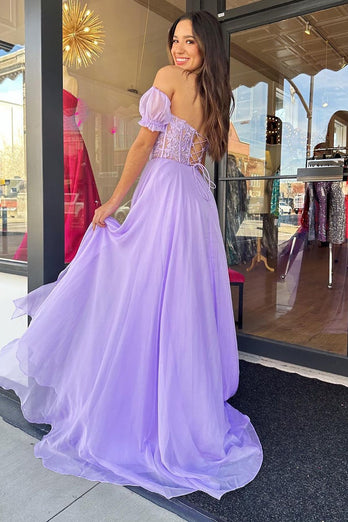 Lilac Corset A-Line Sweetheart Long Chiffon Prom Dress with Slit