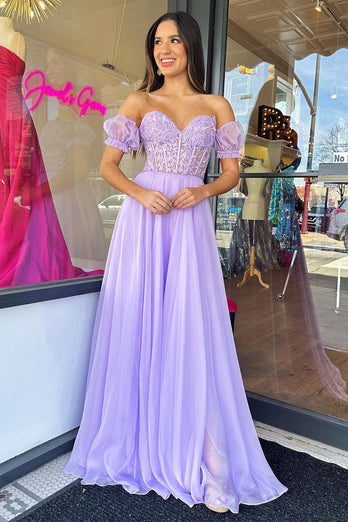 Lilac Corset A-Line Sweetheart Long Chiffon Prom Dress with Slit