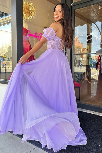 Lilac Corset A-Line Sweetheart Long Chiffon Prom Dress with Slit