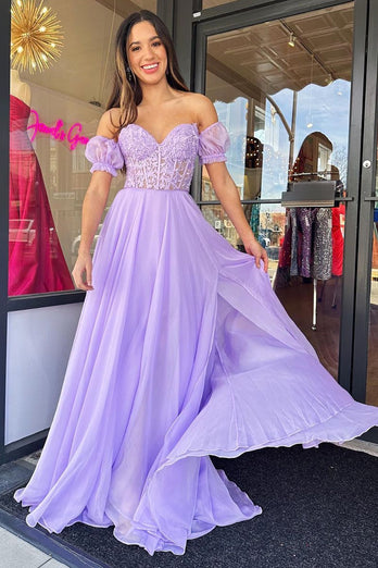 Lilac Corset A-Line Sweetheart Long Chiffon Prom Dress with Slit