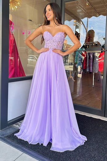 Lilac Corset A-Line Sweetheart Long Chiffon Prom Dress with Slit