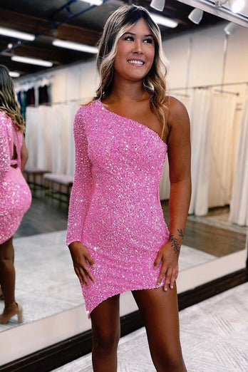 Glitter Hot Pink Sequins One Shoulder Tight Short Prom Dress with Tassels