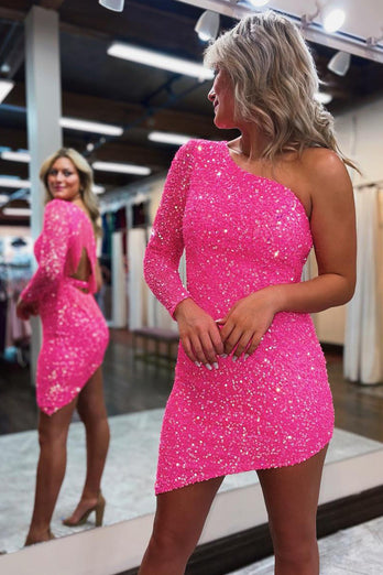 Glitter Hot Pink Sequins One Shoulder Tight Short Prom Dress with Tassels