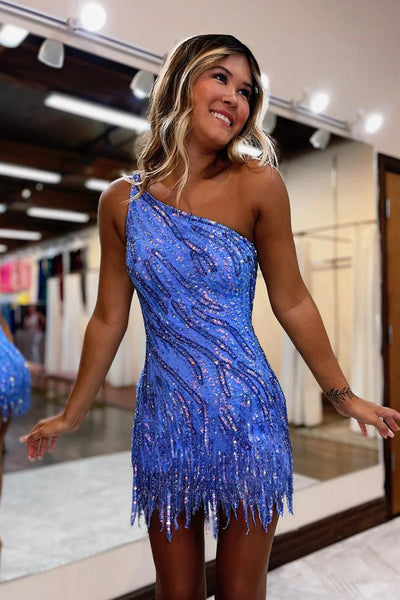 Glitter Blue Tight Short Prom Dress