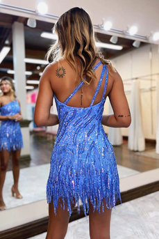 Blue Glitter One Shoulder Open Back Tight Short Fringed Party Dress