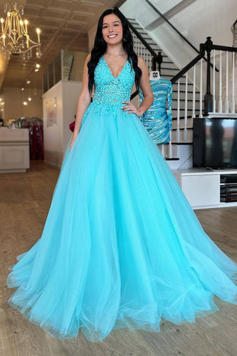 Turquoise A-Line V-Neck Tulle Long Prom Dress with Lace