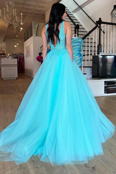 Turquoise A-Line V-Neck Tulle Long Prom Dress with Lace