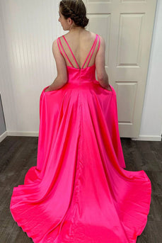 A-Line Sleeveless Hot Pink Prom Dress with Slit