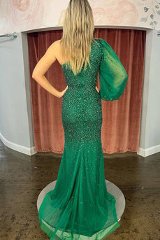 Sparkly One Shoulder Beaded Green Prom Dress with Slit