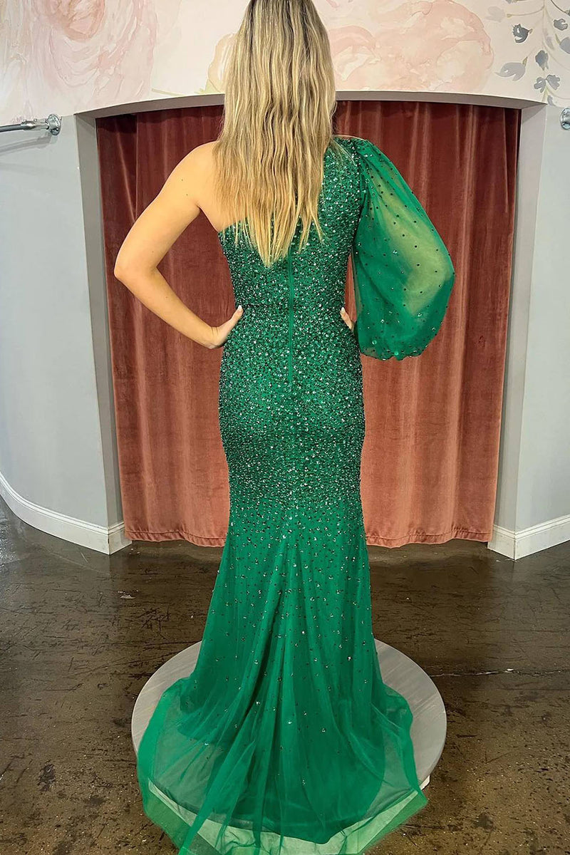 Load image into Gallery viewer, Sparkly One Shoulder Beaded Green Prom Dress with Slit