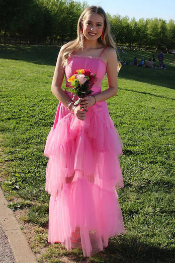 Tulle Tiered Pink Prom Dress with Corset