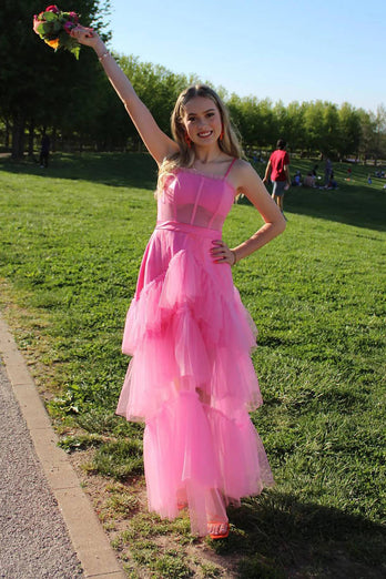 Tulle Tiered Pink Prom Dress with Corset