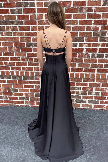 Spaghetti Straps Keyhole Black Prom Dress with Slit