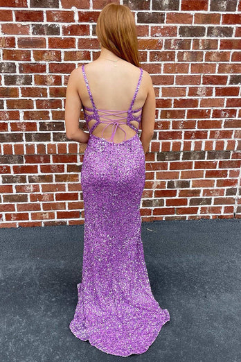 Sparkly Lace-Up Back Purple Sequins Prom Dress with Slit