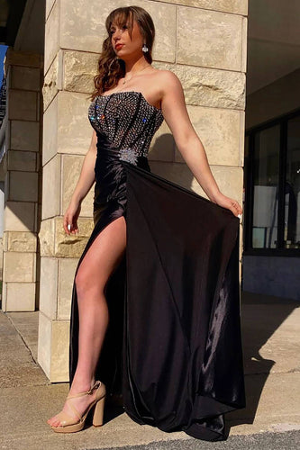 Strapless Beaded Black Prom Dress with Slit