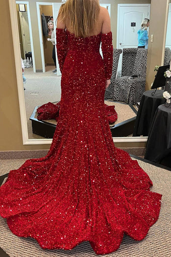 Deep V-Neck Sequins Burgundy Prom Dress with Front Slit