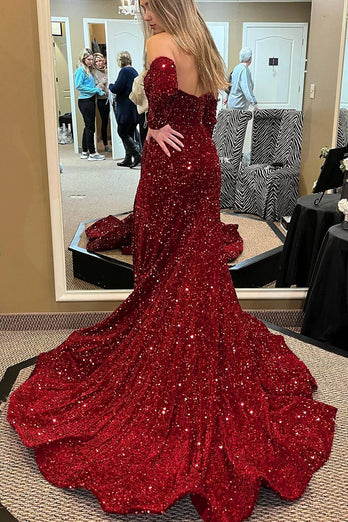 Deep V-Neck Sequins Burgundy Prom Dress with Front Slit