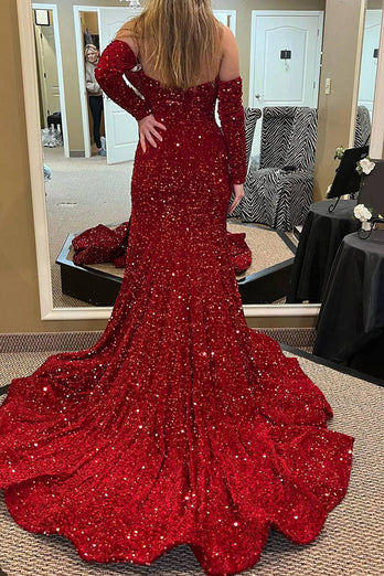 Deep V-Neck Sequins Burgundy Prom Dress with Front Slit