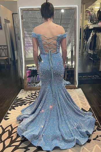 Mermaid Off The Shoulder Lace-Up Back Light Blue Prom Dress with Sequins