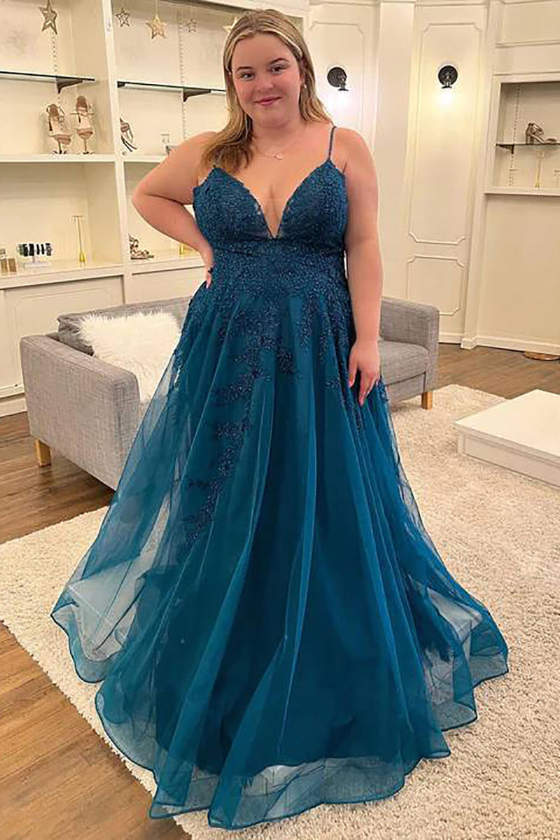 Load image into Gallery viewer, A Line Peacock Blue Plus Size Long Prom Dress With Appliques