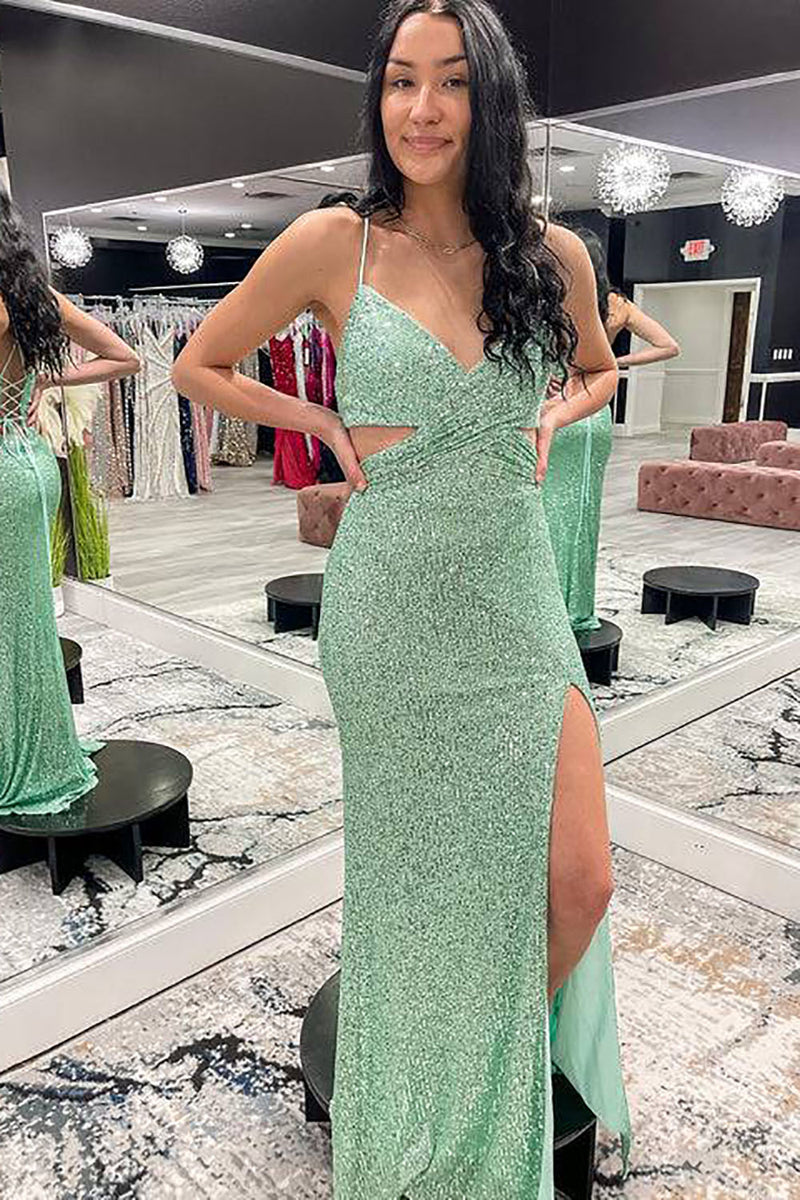 Load image into Gallery viewer, Glitter Light Green Mermaid Long Prom Dress With Slit