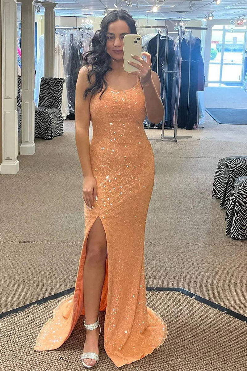 Load image into Gallery viewer, Glitter Orange Mermaid Long Prom Dress With Slit