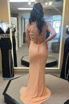 Glitter Orange Mermaid Long Prom Dress With Slit