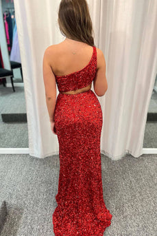 Glitter Red One Shoulder Long Prom Dress With Slit