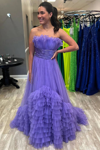 Elegant Purple A Line Long Tiered Prom Dress