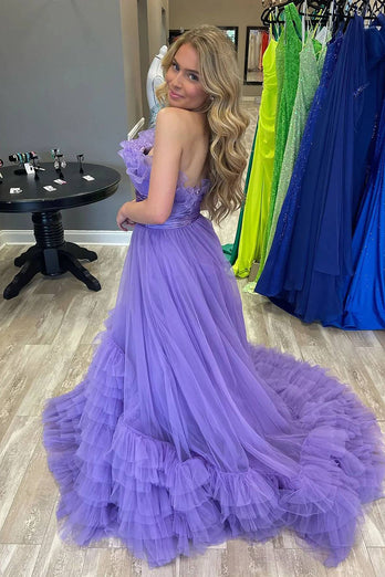 Elegant Purple A Line Long Tiered Prom Dress