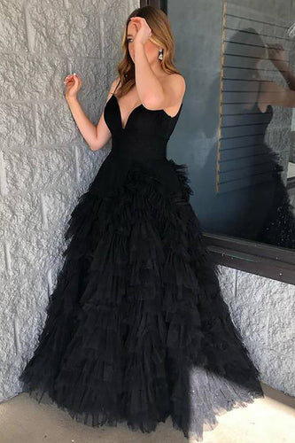 Black Tulle A Line Tiered Long Prom Dress