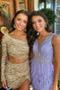 Load image into Gallery viewer, Sparkly Champagne One Shoulder Long Sleeve Tight Sequins Short Prom Dress