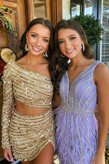 Sparkly Champagne One Shoulder Long Sleeve Tight Sequins Short Prom Dress