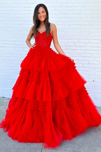 Glitter Red A-line Sweetheart Tiered Long Prom Dress with Slit