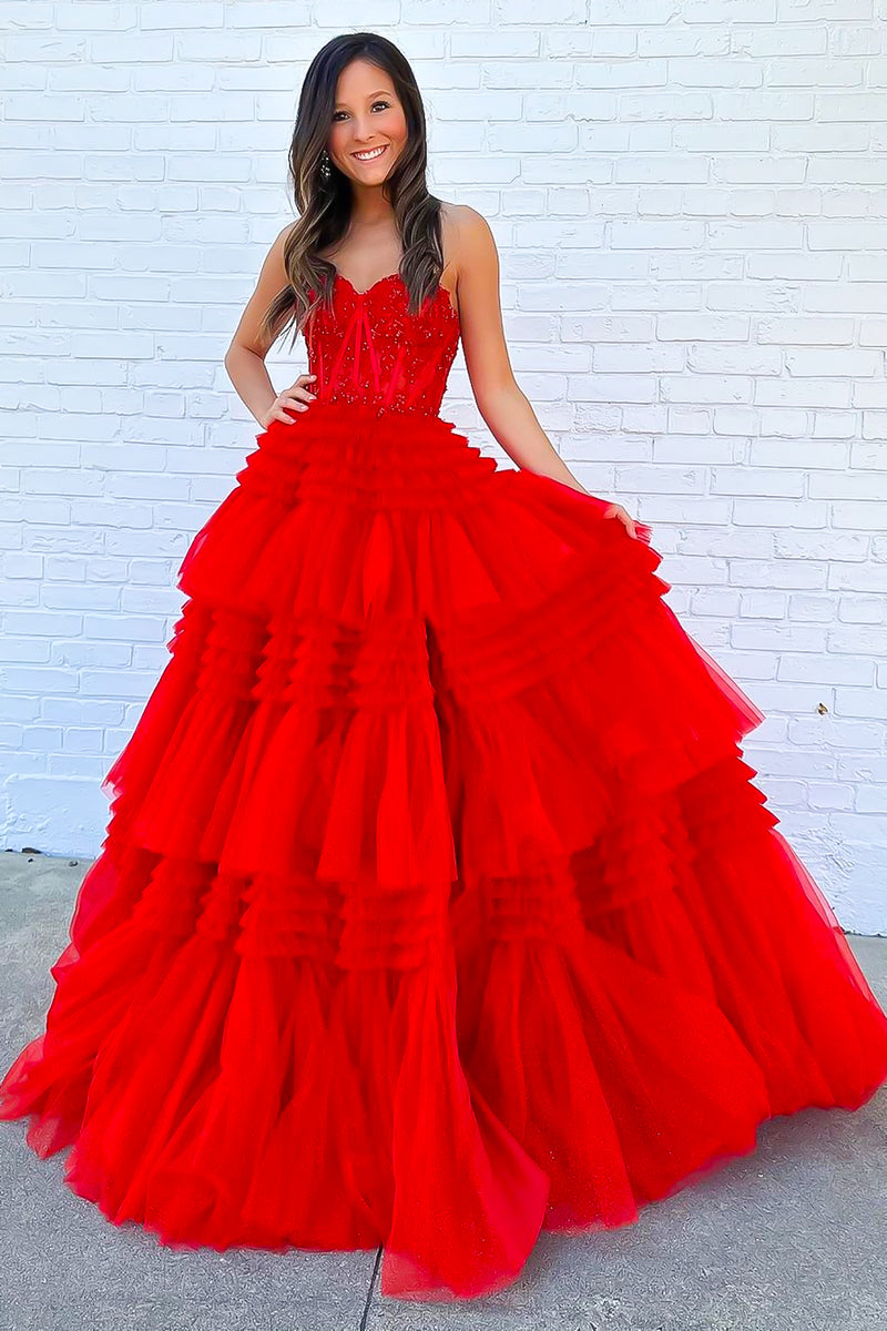 Load image into Gallery viewer, Glitter Red A-line Sweetheart Tiered Long Prom Dress with Slit