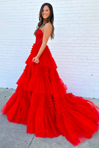 Glitter Red A-line Sweetheart Tiered Long Prom Dress with Slit