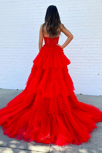 Glitter Red A-line Sweetheart Tiered Long Prom Dress with Slit