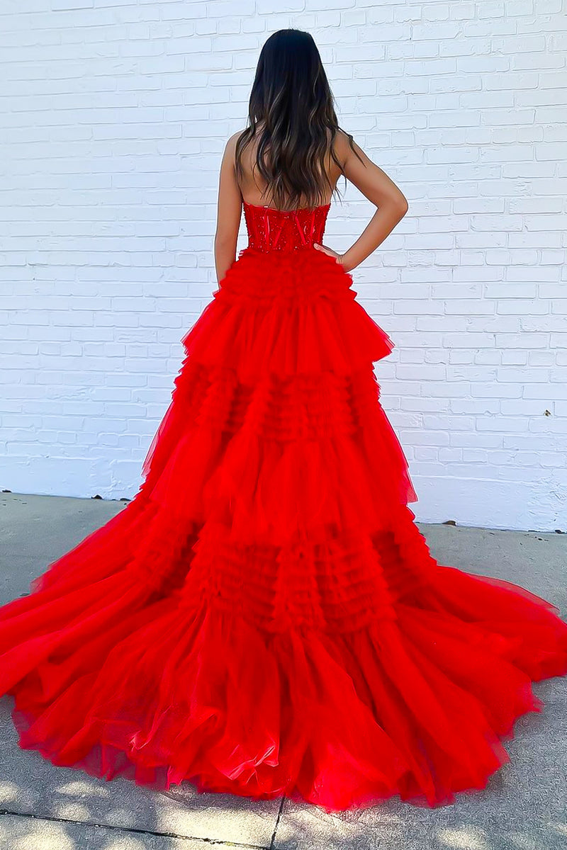 Load image into Gallery viewer, Glitter Red A-line Sweetheart Tiered Long Prom Dress with Slit