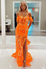 Load image into Gallery viewer, Sparkly Orange Mermaid Floral Feathered Off-Shoulder Long Prom Dress with Slit