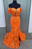 Load image into Gallery viewer, Sparkly Orange Mermaid Floral Feathered Off-Shoulder Long Prom Dress with Slit