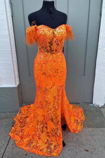 Sparkly Orange Mermaid Floral Feathered Off-Shoulder Long Prom Dress with Slit