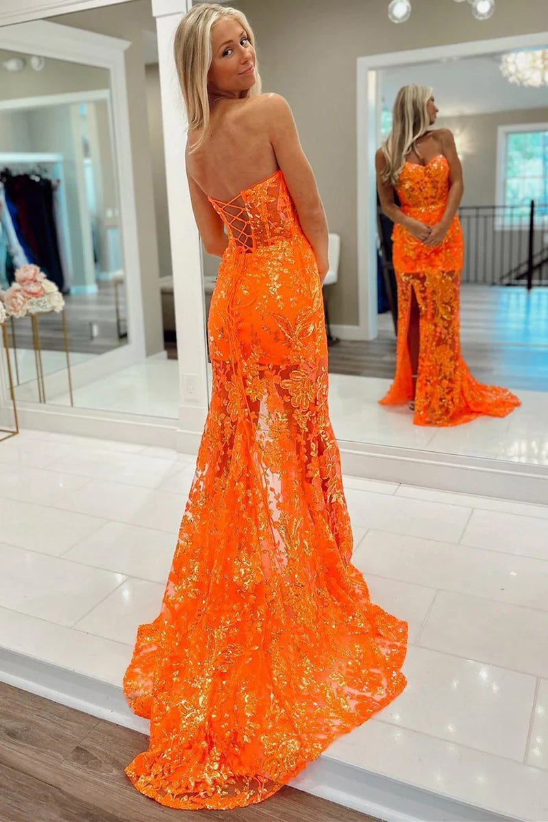 Load image into Gallery viewer, Sparkly Orange Mermaid Floral Feathered Off-Shoulder Long Prom Dress with Slit