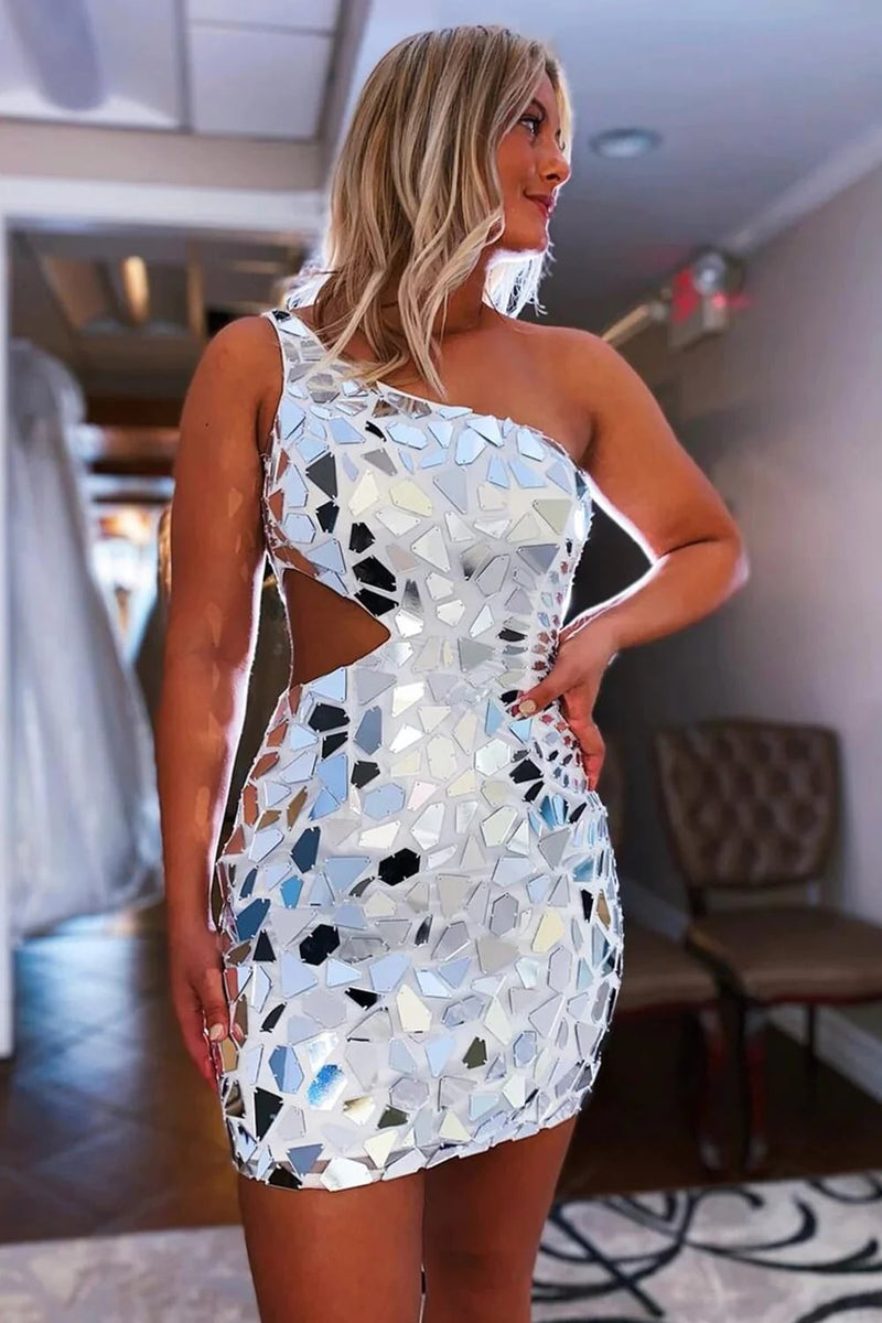 Load image into Gallery viewer, Sparkly Sliver Mirror Short Prom Dress