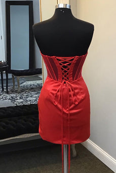 Red Tight Satin Strapless Corset Short Prom Dress