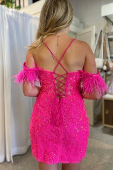 Sparkly Fuchsia Tight Short Prom Dress with Feathers