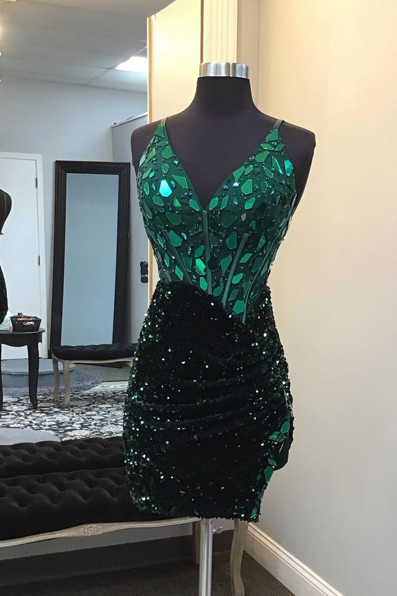 Load image into Gallery viewer, Sparkly Green Mirror Corset Short Prom Dress