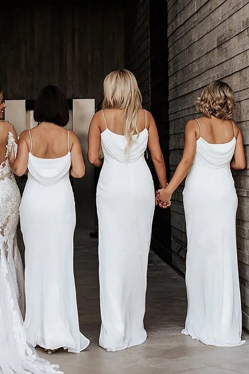 Load image into Gallery viewer, Spaghetti Straps Mermaid White Simple Bridesmaid Dress